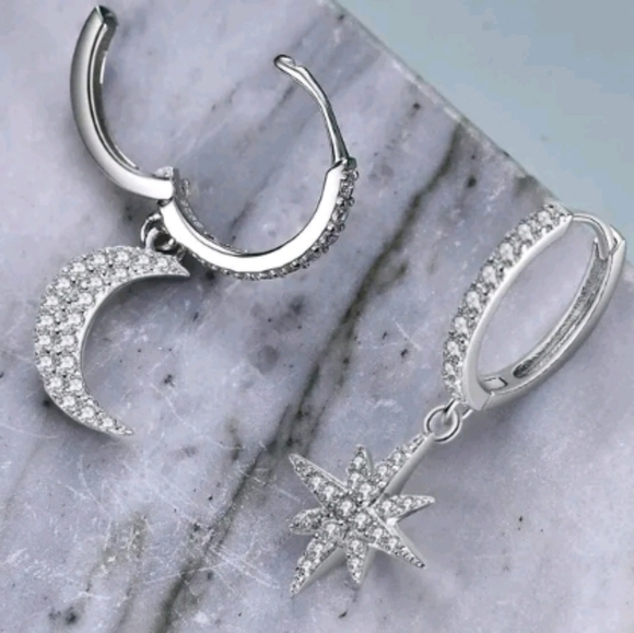 Cubic Zirconia Silver Star & Moon Earrings - Picture 2 of 3